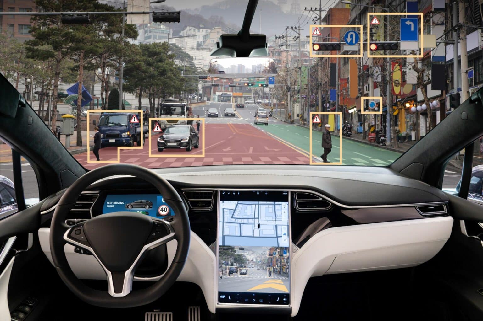 Ein autonomes Fahrzeug fährt durch eine Straße und scannt Objekte